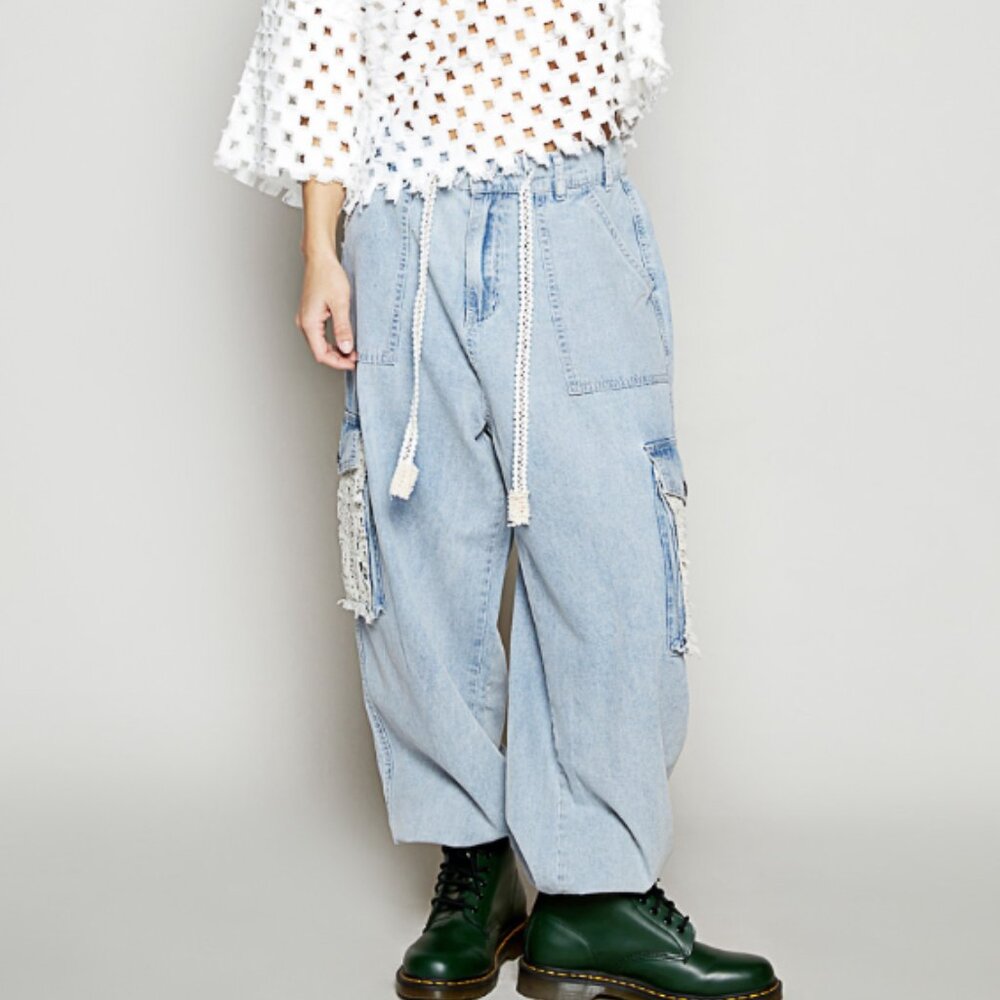 🌼😊#593❤️POL CARGO JOGGERS 100% COTTON WITH CROCHETED OVERLAY POCKETS